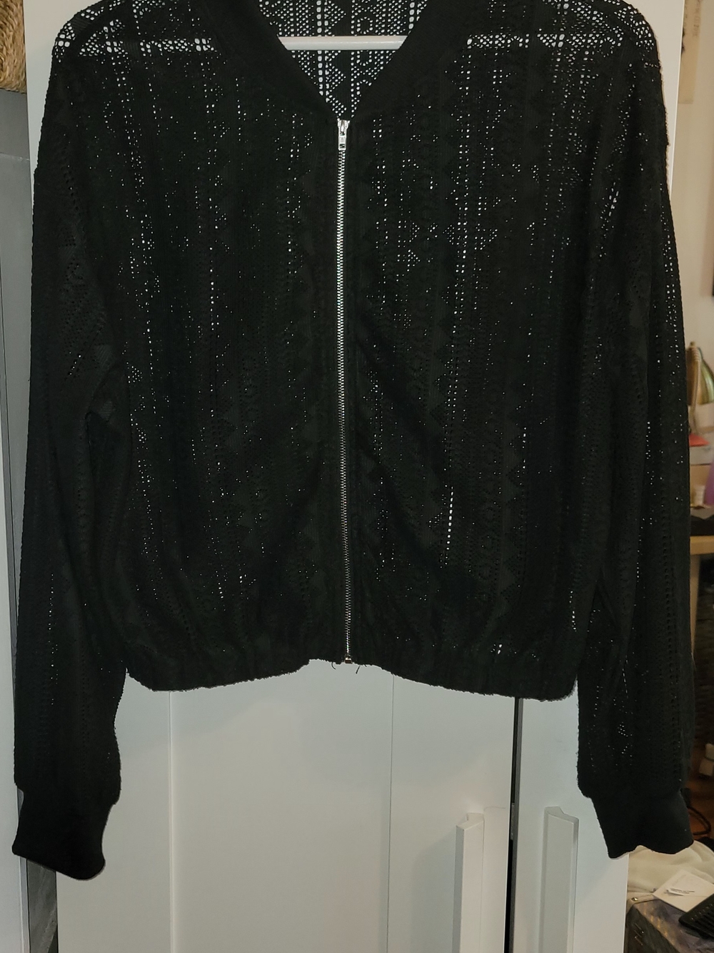 SHEIN Black Lace Eyelet Bomber Jacket
